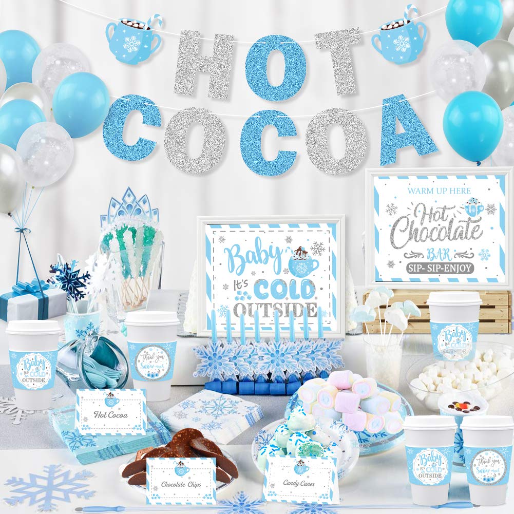 Hot Chocolate Bar Kit Hot Cocoa Bar Banner Baby It's Cold Outside Bar Sign Toppings Labels Cup Tags Stickers with 30pcs Snowflake Balloon for Christmas Winter Birthday Baby Shower New Year Party Decor