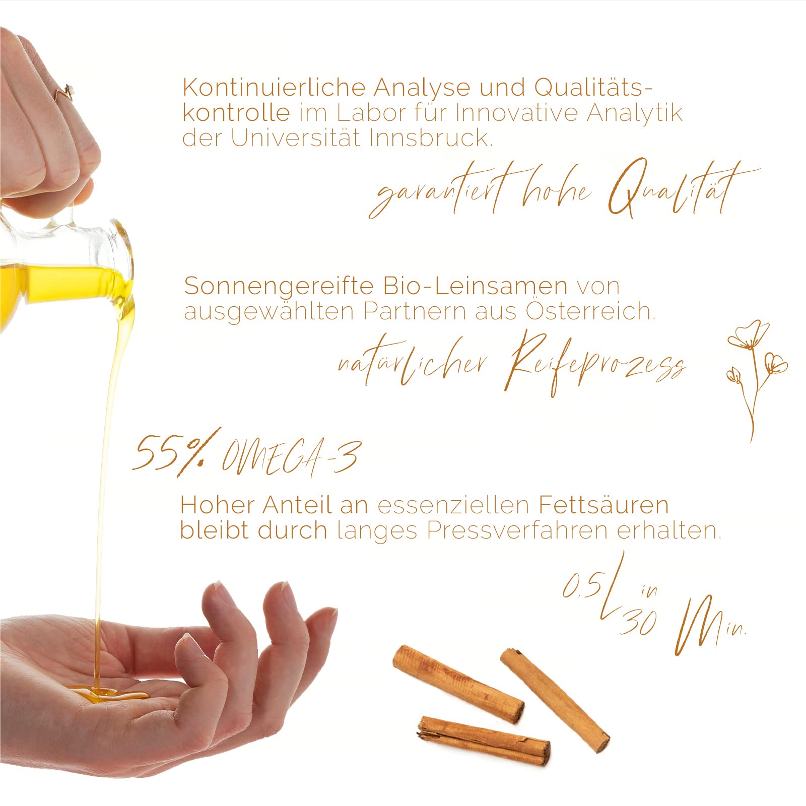 Sannis Bio-Leinöl mit Zimt 250 ml I Leinsamenöl aus kontrolliert biologischem Anbau I kaltgepresst & ungefiltert I reich an Omega-3-Fettsäuren I Leinöl ideal für Müsli, Quark & Joghurt