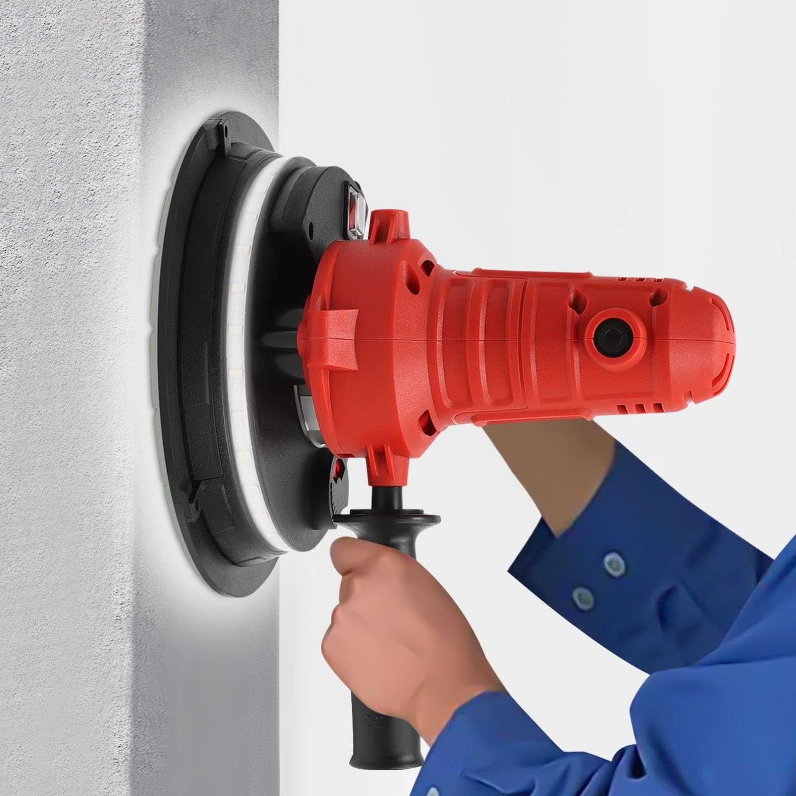 Lijadora de Pared Drywall Portátil 710W，Disco de Lijado 180mm，Aspiración Polvo Automática，LED Tira Luz，6 Papeles Lija，Pared Techo Yeso Masilla Cemento