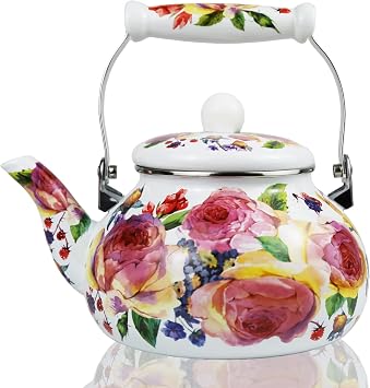 Enamel Tea Kettle, Vintage Rose Print Enamel Teapot for Stovetop