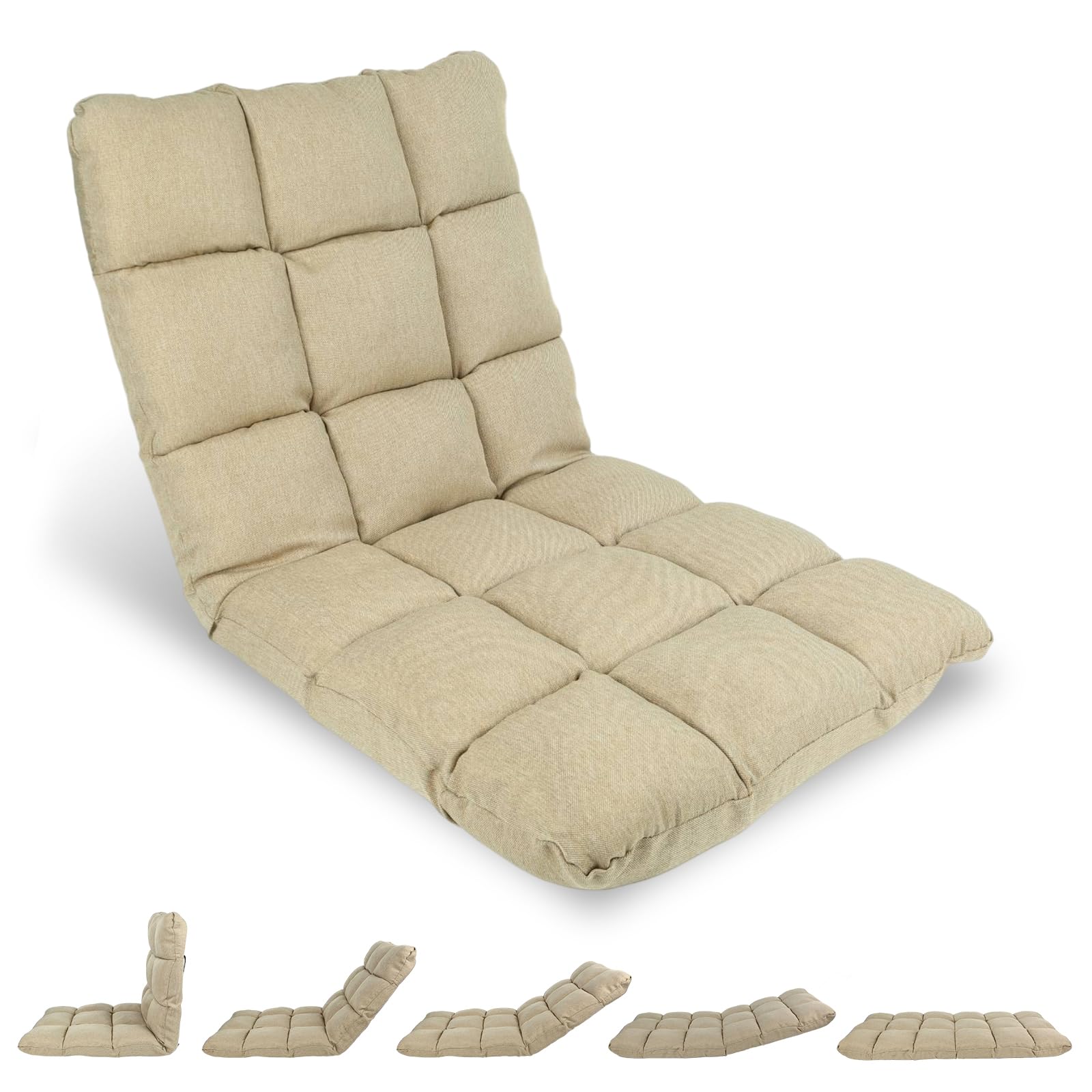 XQZMD Floor Folding Chair, Adjustable Lazy Sofa Bed, Portable Padded Lounge Chair with Back Support for Reading Resting Gaming (Khaki)