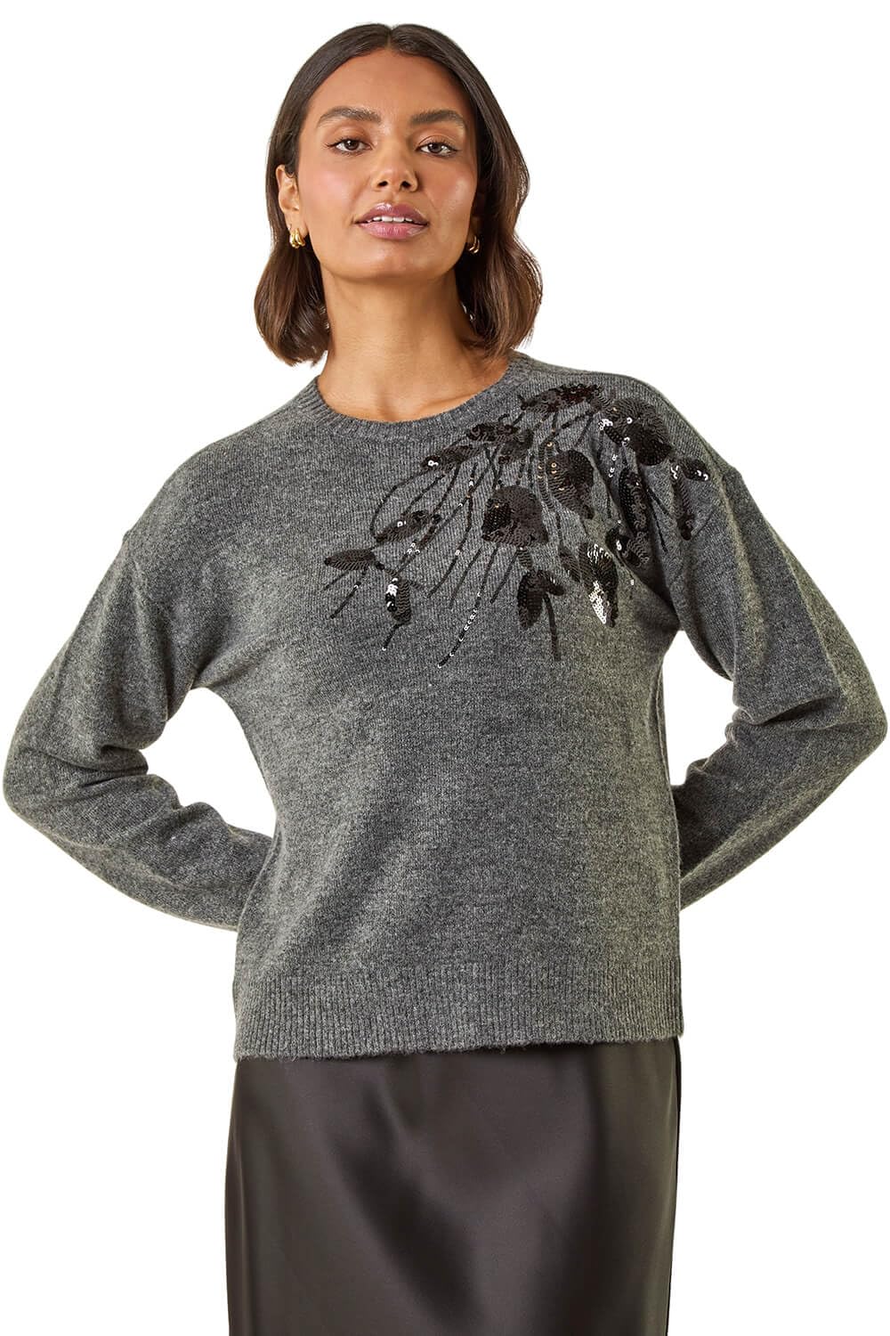 Roman Originals Women's Dark Grey Sparkly Embellished Jumper Diamante Sequin Hotfix Winter Sweater Nye New Year's Eve Christmas Party Going Out Shiny Smart Work Pullover - Size 14