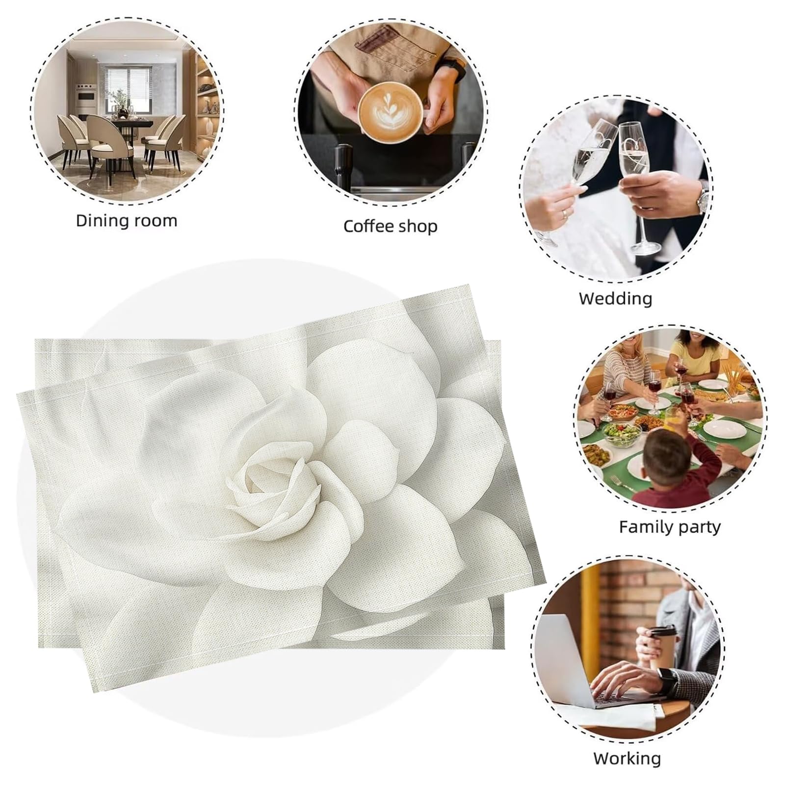 Set di 8 Tovagliette Americane Lavabili Cotone Lino Astratto - Tovaglietta Americana Resistenti al Calore Durevole Fiori bianchi - per Colazione Pranzo 30×45 cm