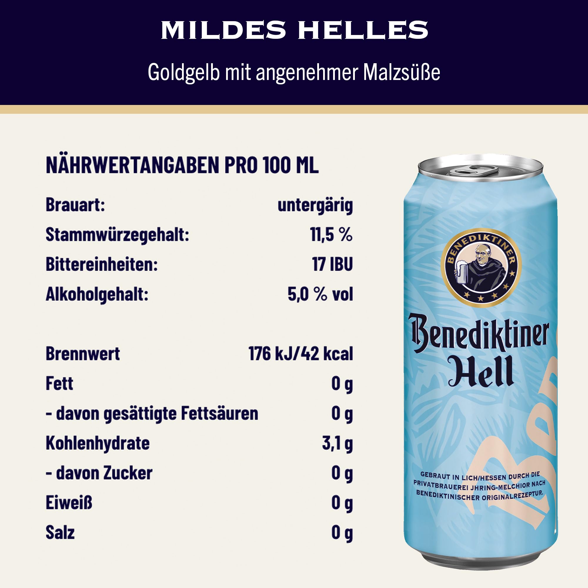 Benediktiner® Hell - Dosenbier (24x 0,5l) - Mildes helles Lager - Goldgelbe Farbe - Angenehme Malzsüße - Gebraut nach dem deutschen Reinheitsgebot