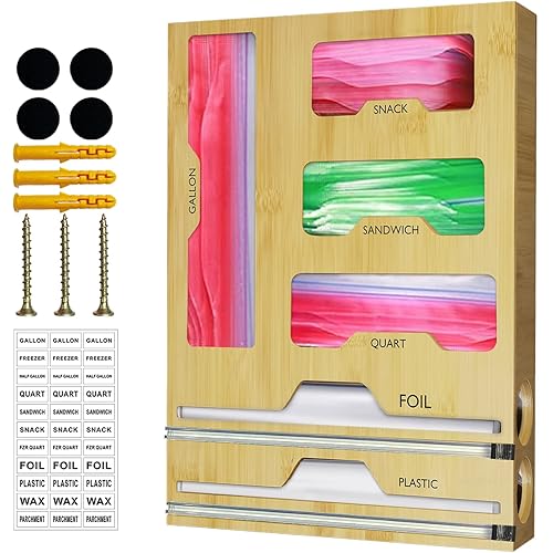 Tclouda Bag Organizer for Ziplock, Foil and Plastic Wrap Organizer, 6 in 1, Bamboo Dispenser with Cutter for Kitchen Drawer and Wall Mounted, Storage for Gallon, Quart, Sandwich, Snack