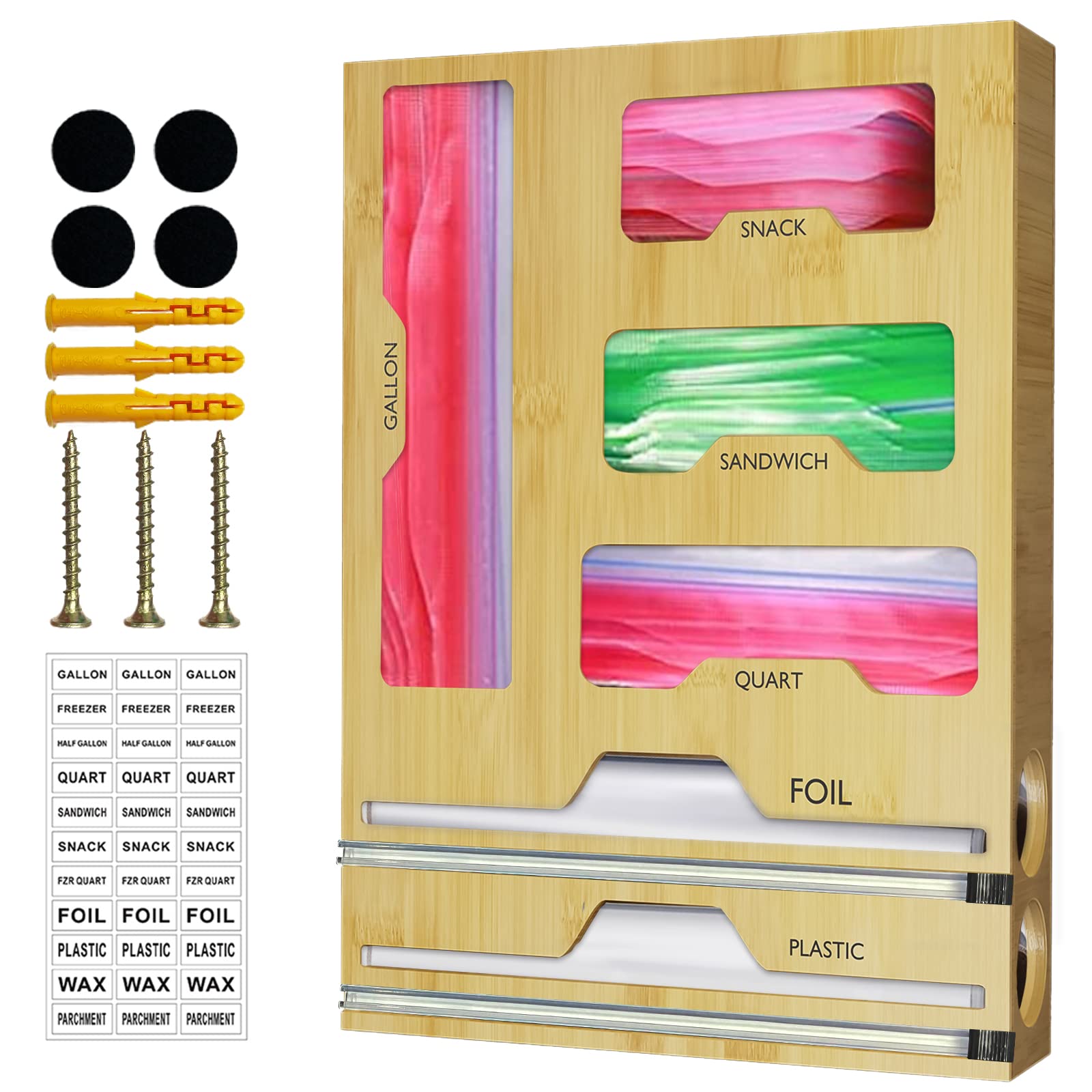 Tclouda Bag Organizer for Ziplock, Foil and Plastic Wrap Organizer, 6 in 1, Bamboo Dispenser with Cutter for Kitchen Drawer and Wall Mounted, Storage for Gallon, Quart, Sandwich, Snack