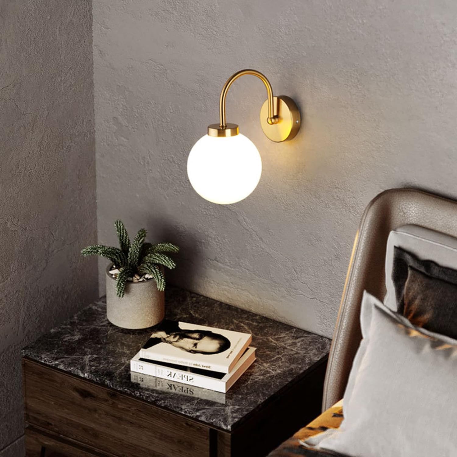 Lampada da parete a sfera di vetro bianco lucido, 150 mm, sfera di vetro bianco con base dorata, lampada da parete in stile medievale per comodino (oro)