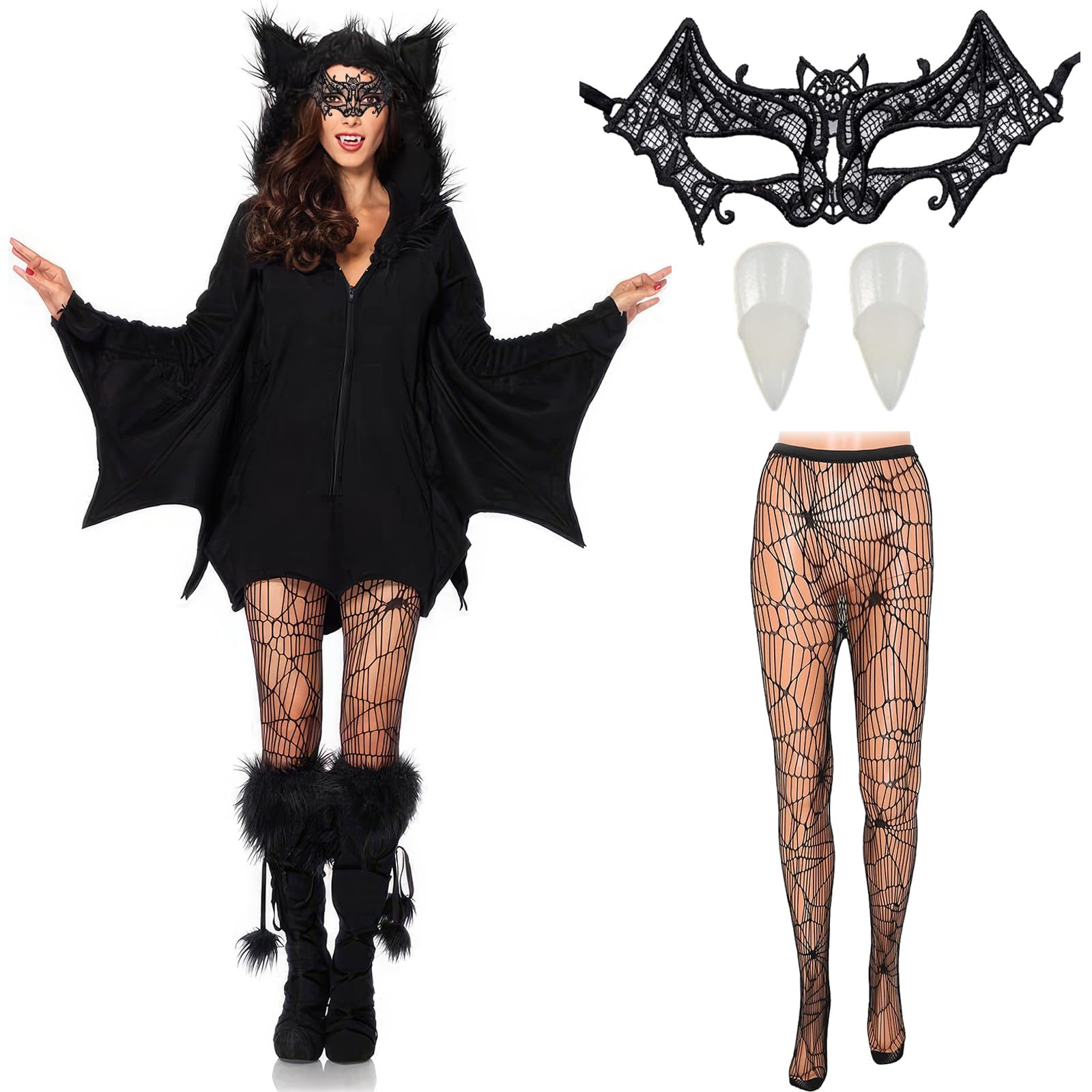Black Bat Wings Woman Fancy Dress Costume-4Pcs, Halloween Dress Up Vampire Outfit with Accessories Halloween Cosplay Party Bat Wings Jumpsuit Costumes for Women Adult
