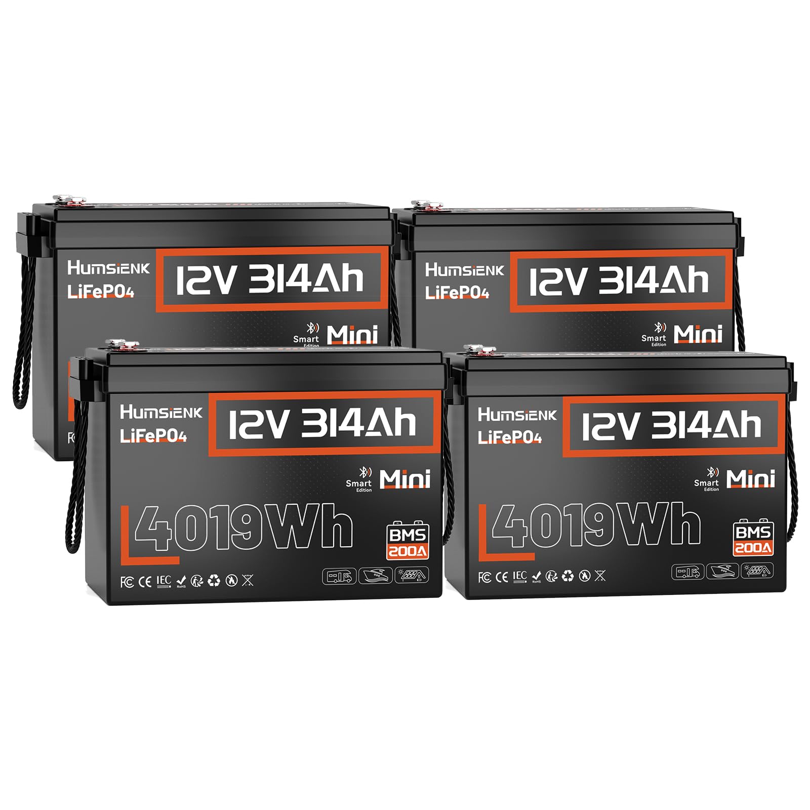 Akumulator litowy HumsiENK 12 V 300 Ah (314 Ah) LiFePO4, miniaturowy rozmiar, 200 A BMS z Bluetooth, 15 000+ głębokich cykli ładowania, 4019 Wh energii do zastosowań w pojazdach rekreacyjnych 4P
