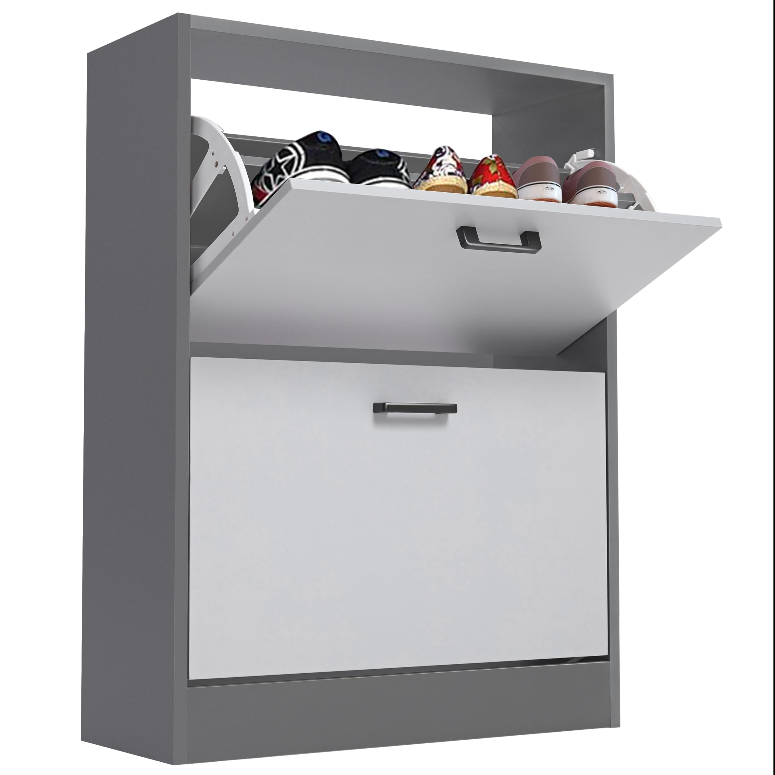 Blisswood 2 Drawer Shoe Cabinet, Pull Down Wooden Shoe Storage Organiser Cupboard Unit Hallway Furniture, 2 tier Modern Shoes Rack Cabinet Footwear Stand for Shoes (Silver Grey & Dark Grey)