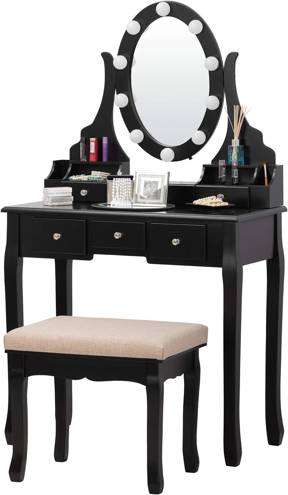 Fineboard Vanity Table Set with LED Lights Mirror and Stool with 6 Drawers, Black