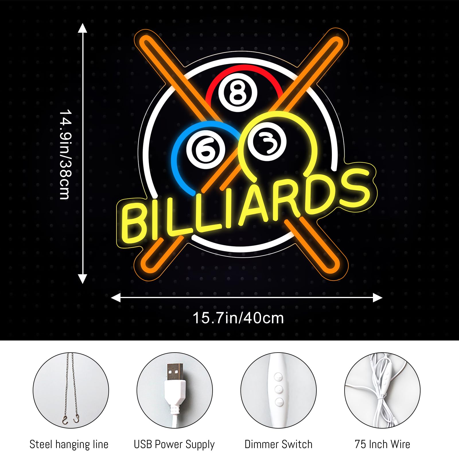 Plaque lumineuse à LED dimmable noire 8 lumières néon pour mur décoration
