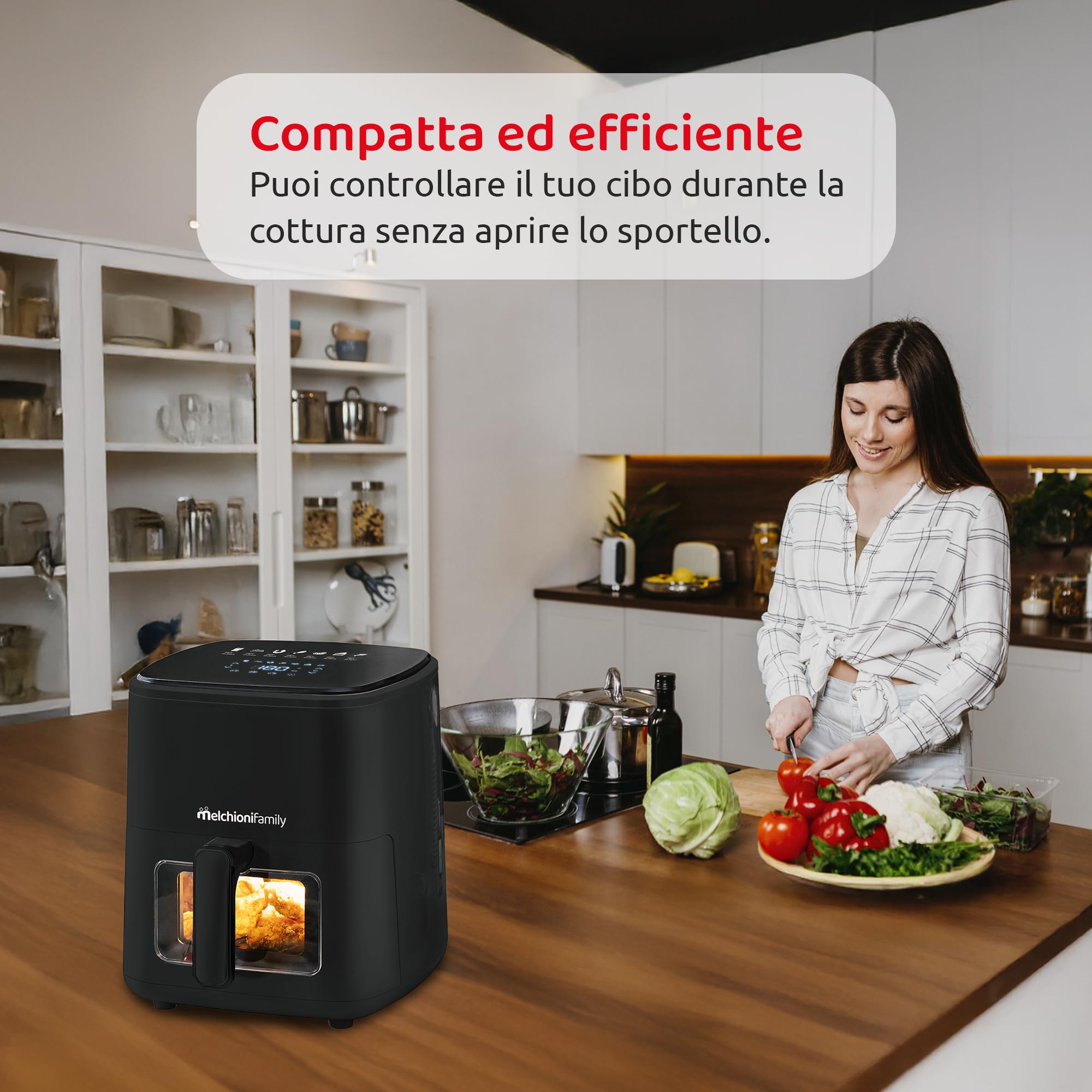 Melchioni Family | Marianna New, Friggitrice ad Aria 5L, Compatta, Touch Display, 7 Programmi, Antiaderente, Timer 60 Min, Temperatura 80°-200°C, Controllo Cottura Senza Aprire lo Sportello