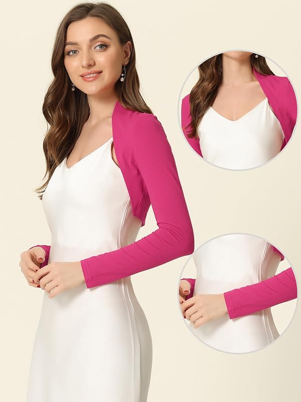 Allegra K Elegant Shrugs for Women's Long Sleeve Cotton Knit Open Front Bolero Shrug Small Hot Pink by Allegra K - Used condition - Image 7