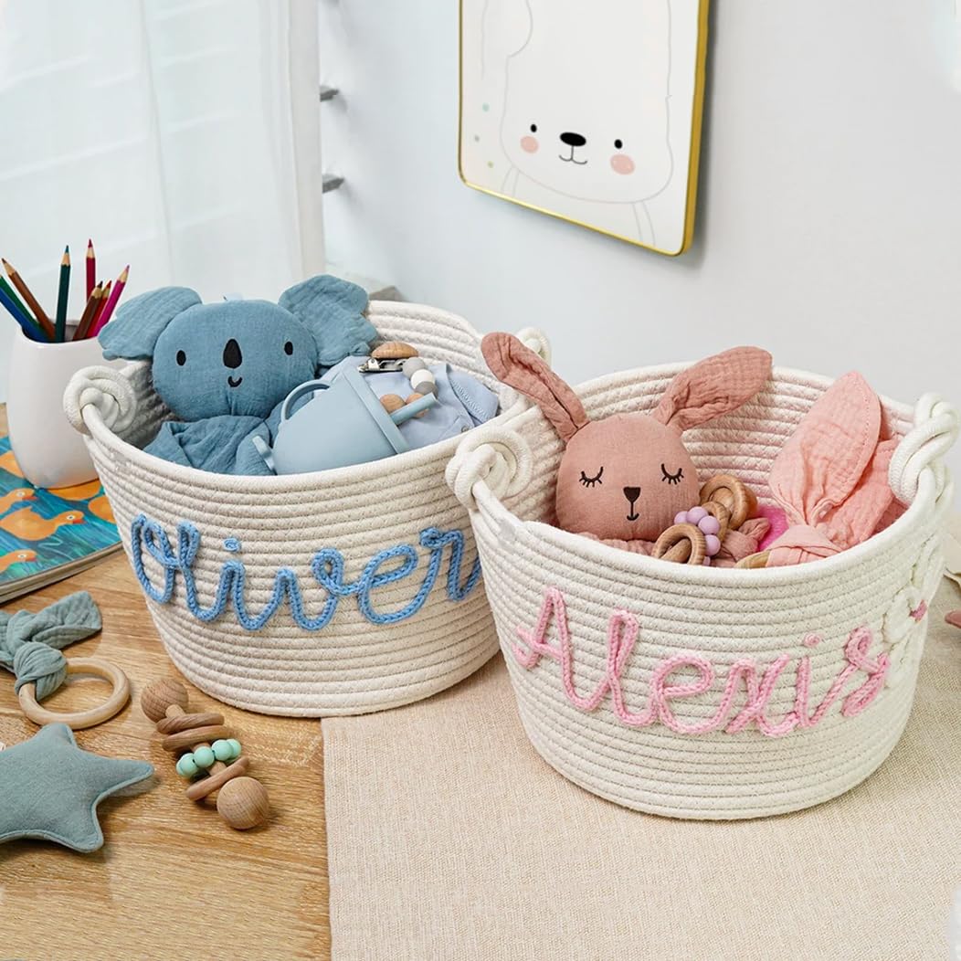 Personalized Baby Shower Gift Basket- Handcrafted Rope Cotton Basket with Custom Name- Perfect Newborn Gift & Diaper Caddy Nursery Storage Baby Basket - Image 3