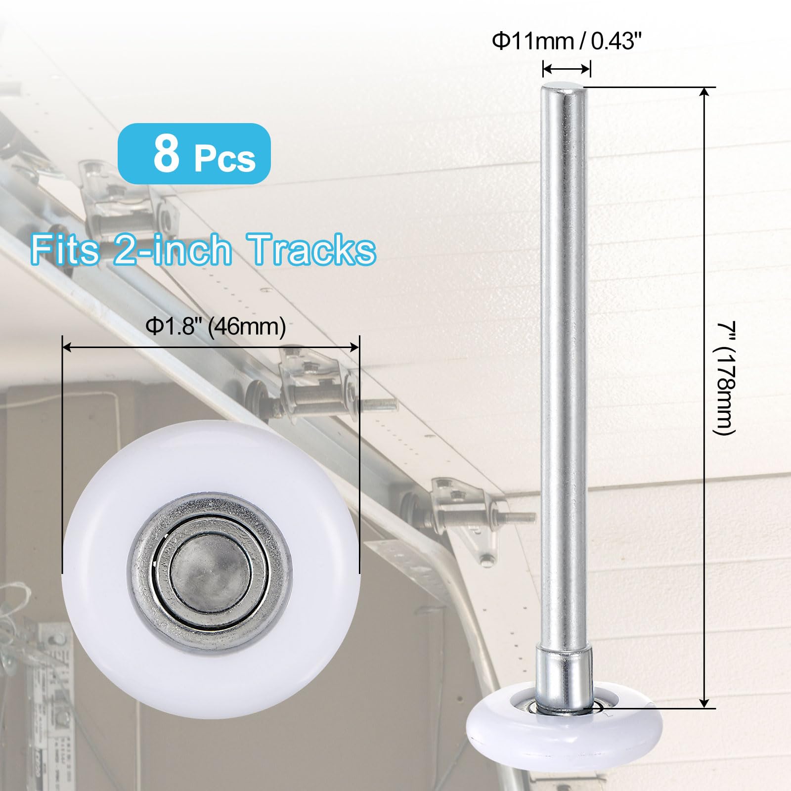 QUARKZMAN 8pcs Rouleaux De Porte De Garage En Nylon Blanc 1.8" Pour Piste De Garage 2", Tiges Longues 7", Roues Silencieuses Pour Porte De Garage, 11 Roulements À Billes, Blanc