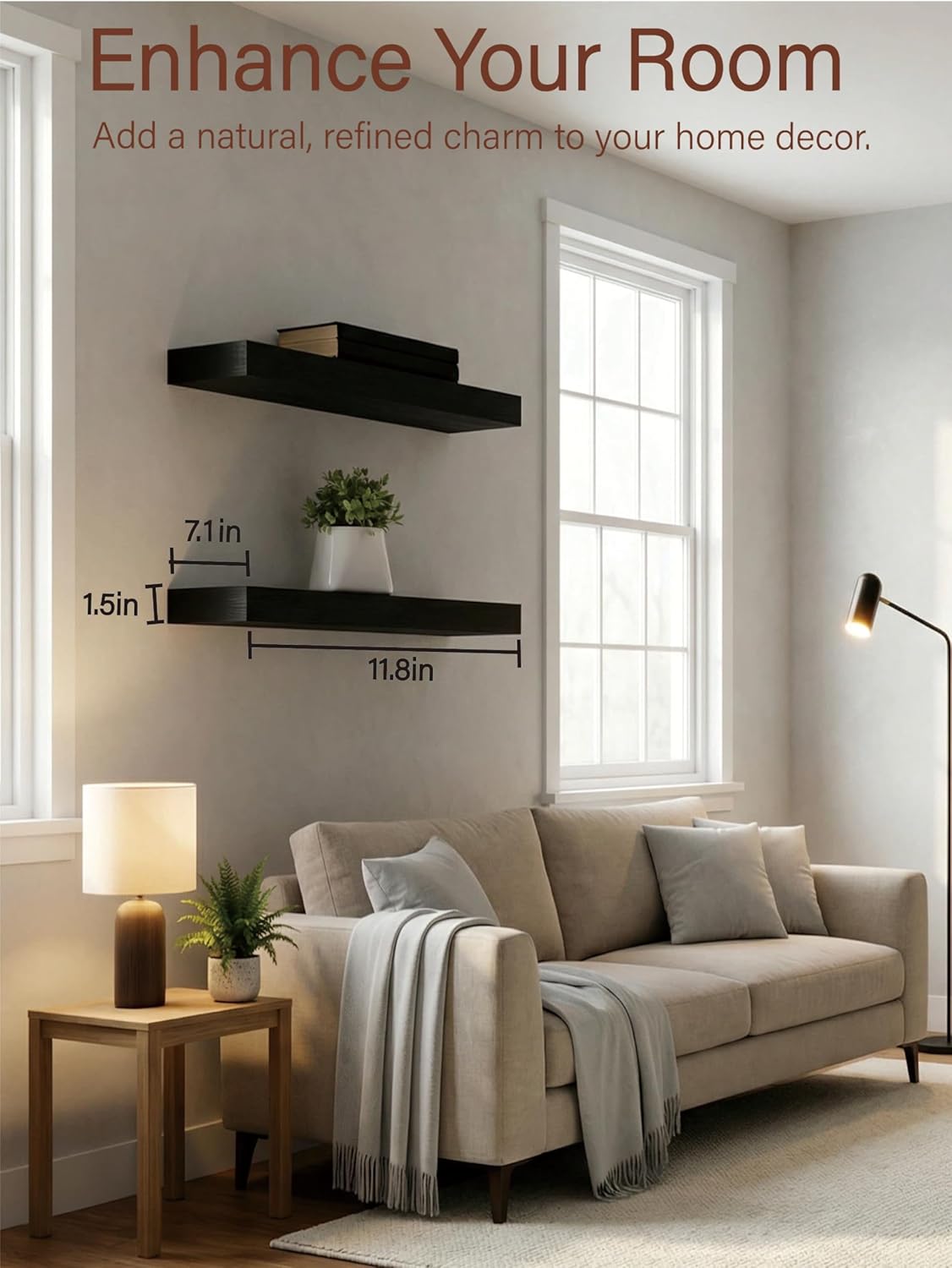 Solid Wood Floating Shelves,11.8in Finished Real Wood Wall Shelves with Heavy-Duty Hidden Bracket, Easy Installation, Set of 2, 11.8in x 7.1in x 1.5in, for Living Room Bedroom Kitchen,Black