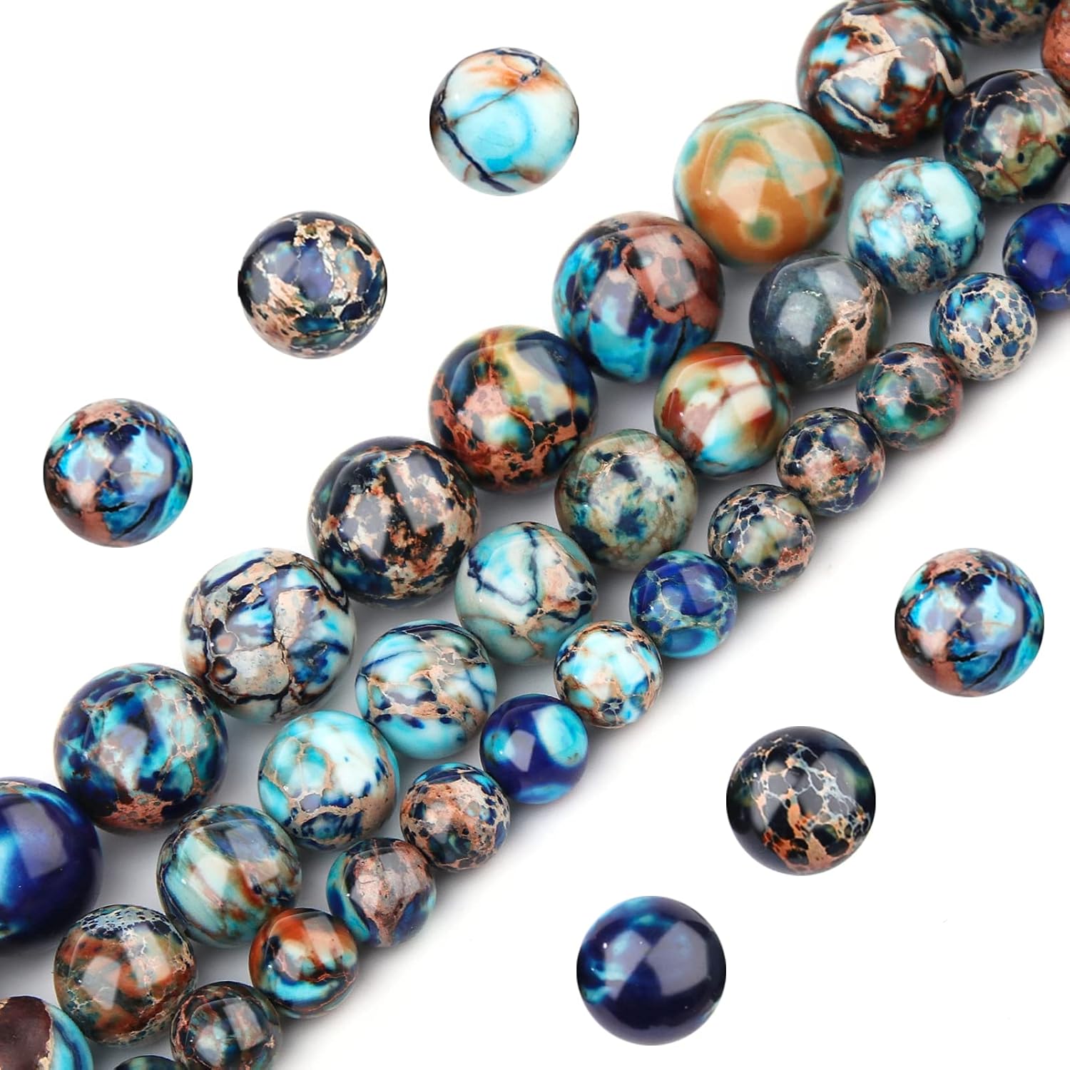 Natural Stone Beads 8mm Mixed Blue Imperial Jasper Polished Round Smooth Gemstone Beads for Jewelry Making Adults 15 Inch(Mixed Blue Imperial Jasper,8mm)