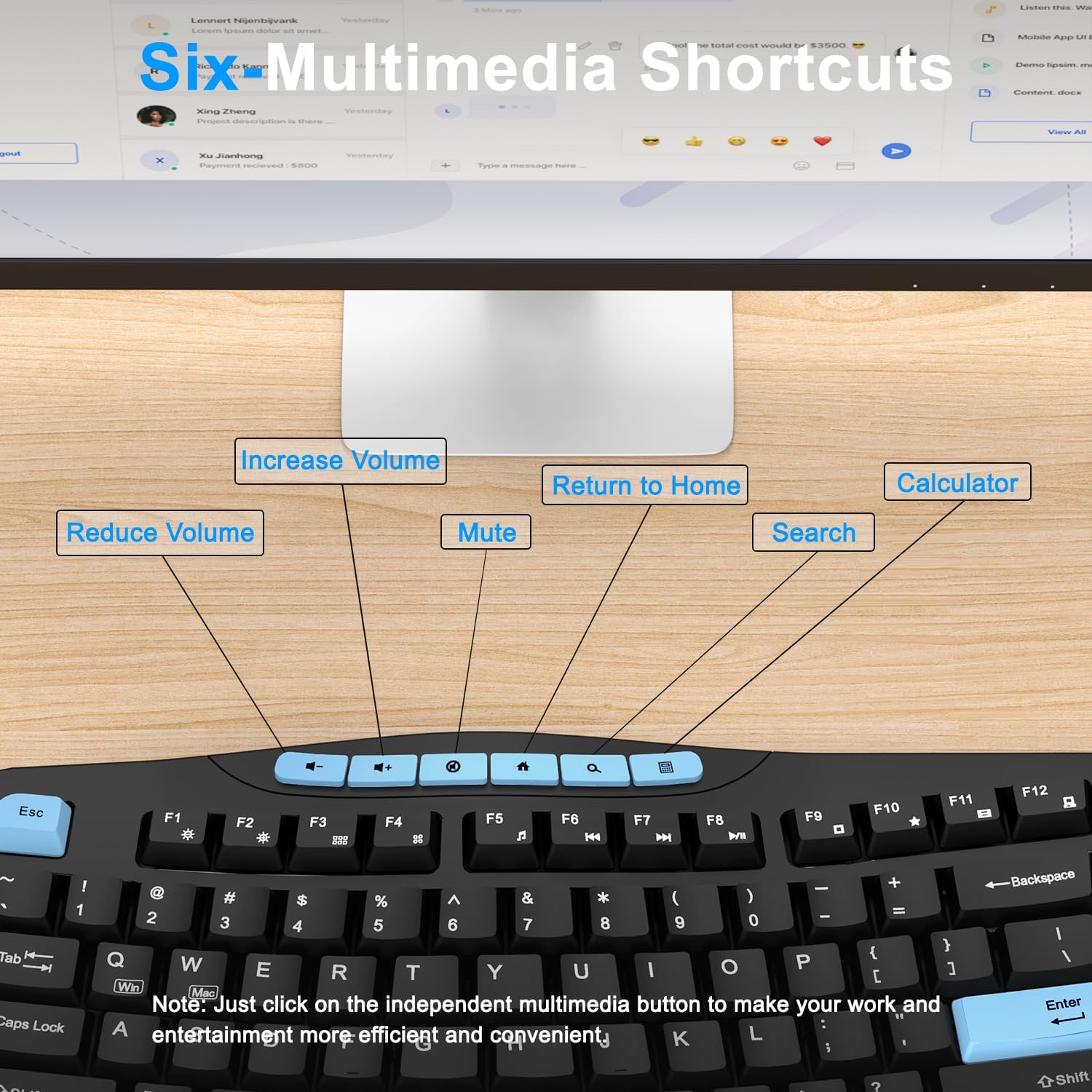 Wireless Keyboard and Mouse Combo, Ergonomic Keyboard with 6 Multimedia Keys, 2.4G Full Size Keyboard with Wrist Rest, 3-Level DPI Wireless Silent Mouse with 6-Buttons, for Windows (Blue Black)