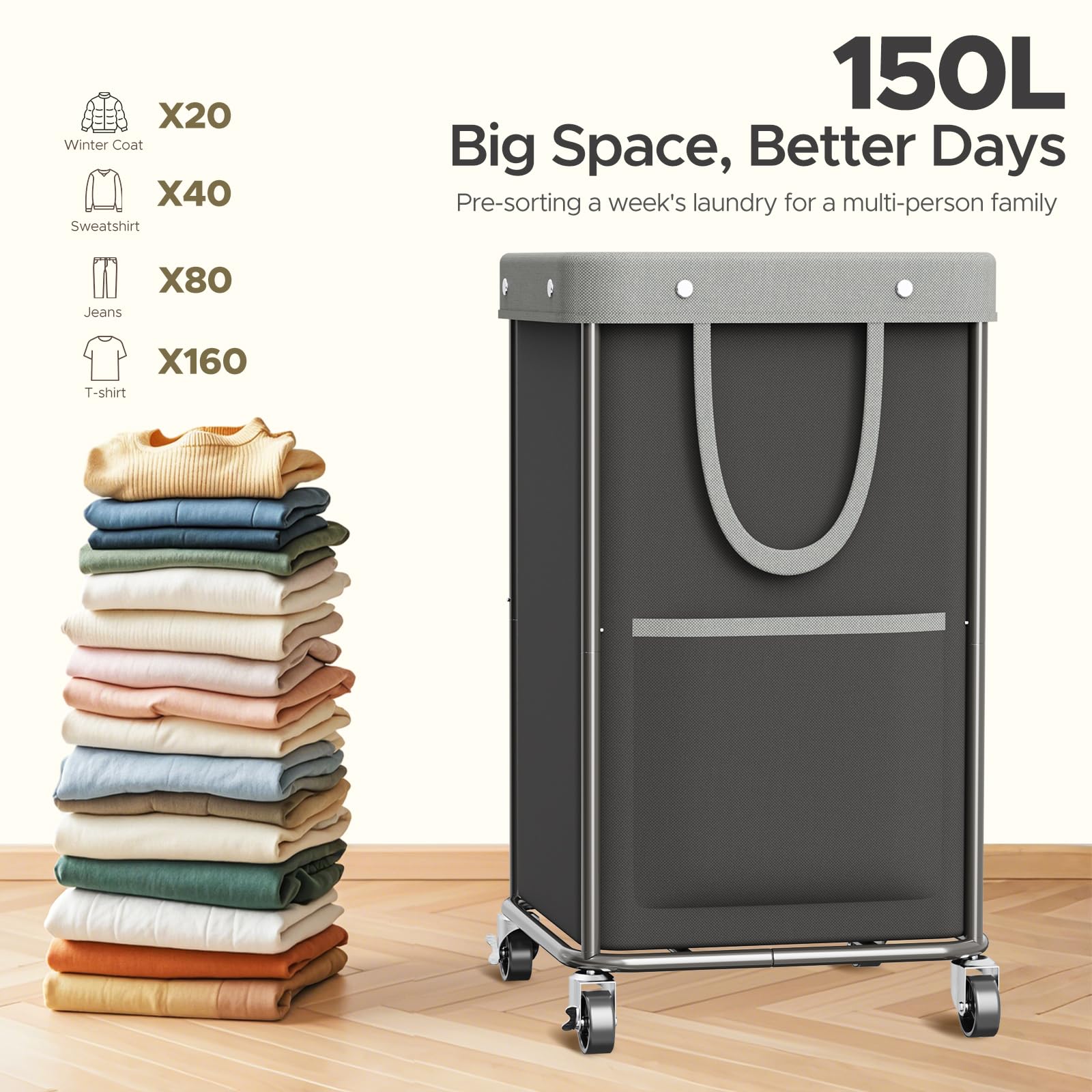 JYPS Cesta de lavandería grande de 150 L, con ruedas y asa, cestas de lavado extraíbles y 2 bolsas laterales, bolsa de lavandería de tela Oxford impermeable para almacenamiento de ropa sucia