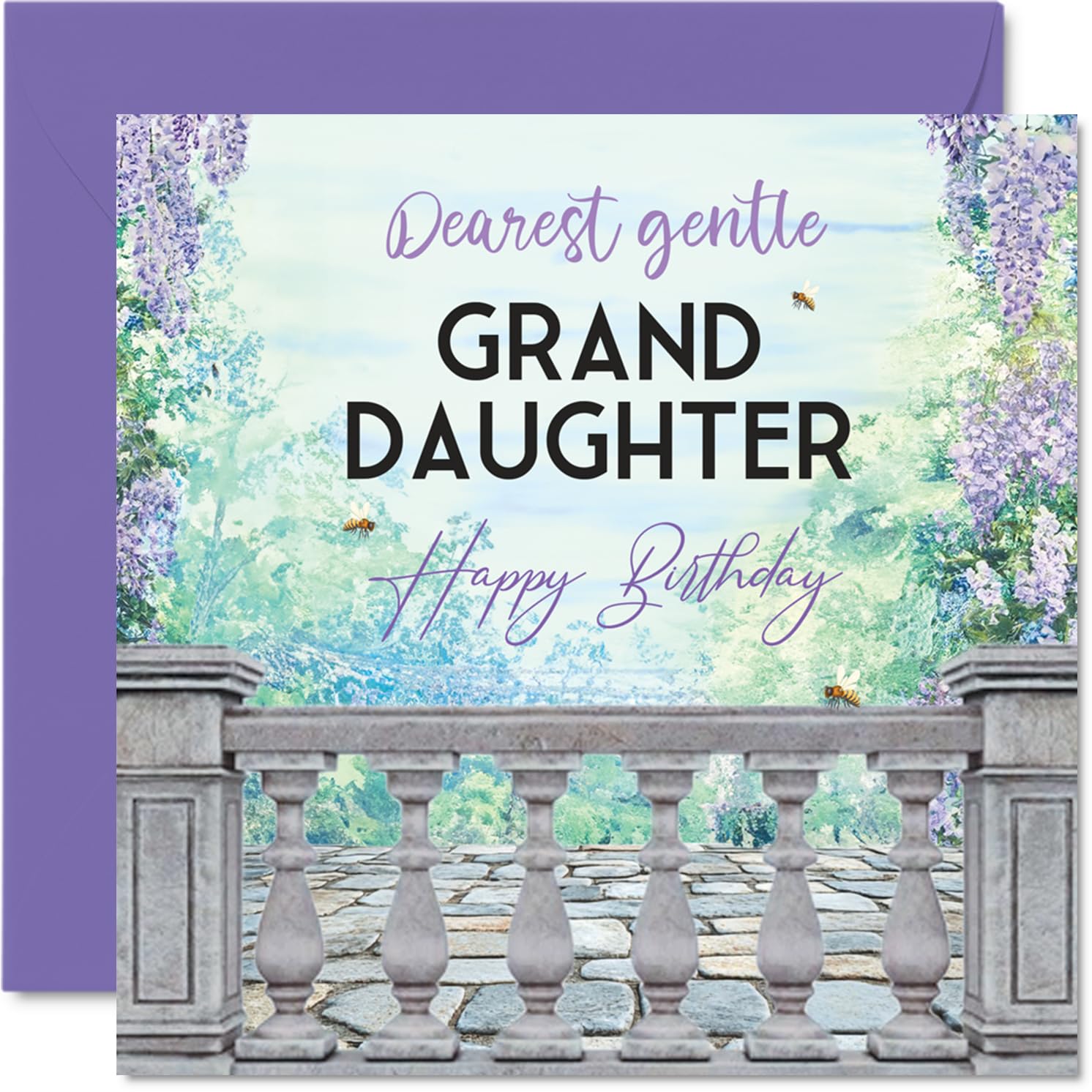 Heartfelt Birthday Card for Granddaughter - Warm Wishes in a Serene Garden Scene - Elegant Floral Design with Soft Purples and Greens - 145mm Square, Envelope Included