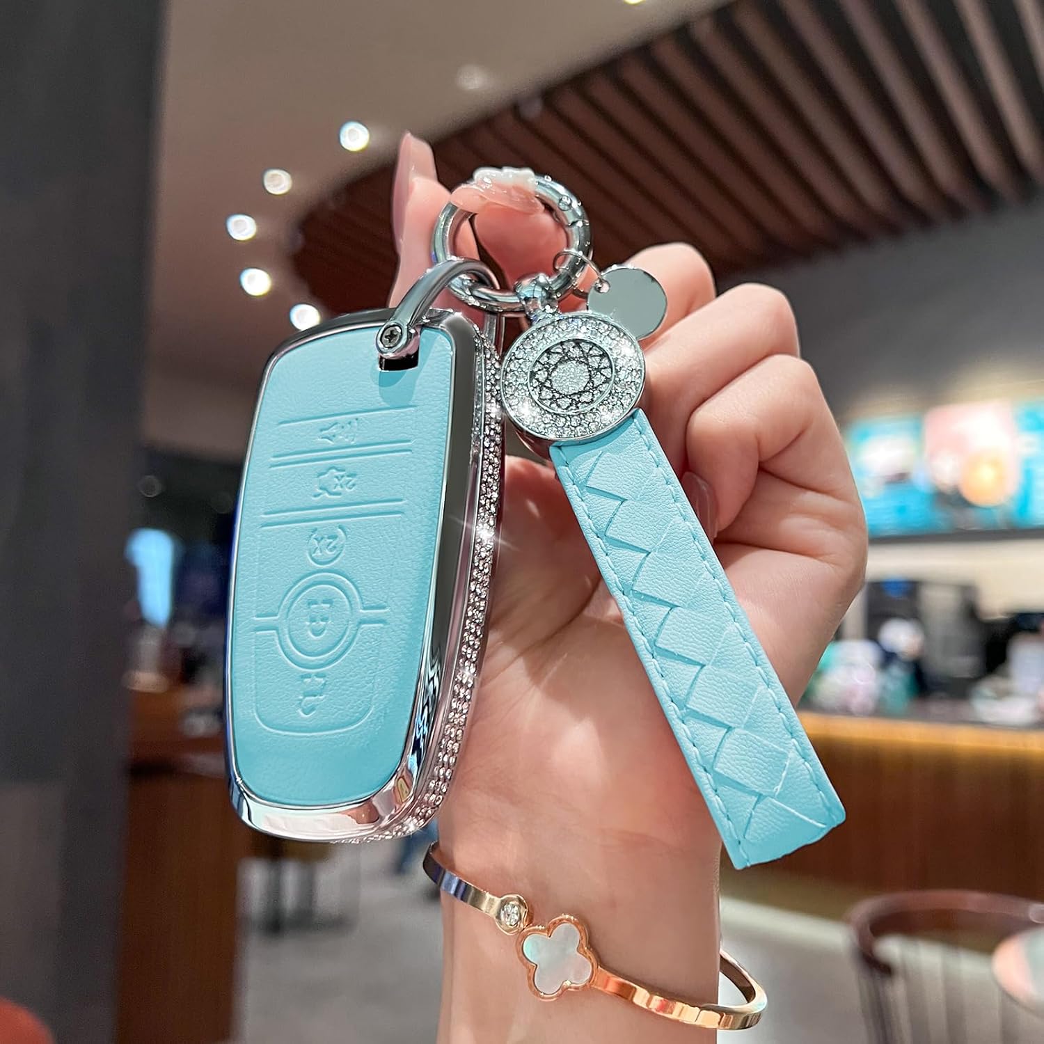 for Ford Key Fob Cover with Keychain, Blue Leather Rhinestone Key Case Protection Shell Compatible with Fusion F150 F250 F350 F450 F550 Edge Explorer Bling Car Accessories