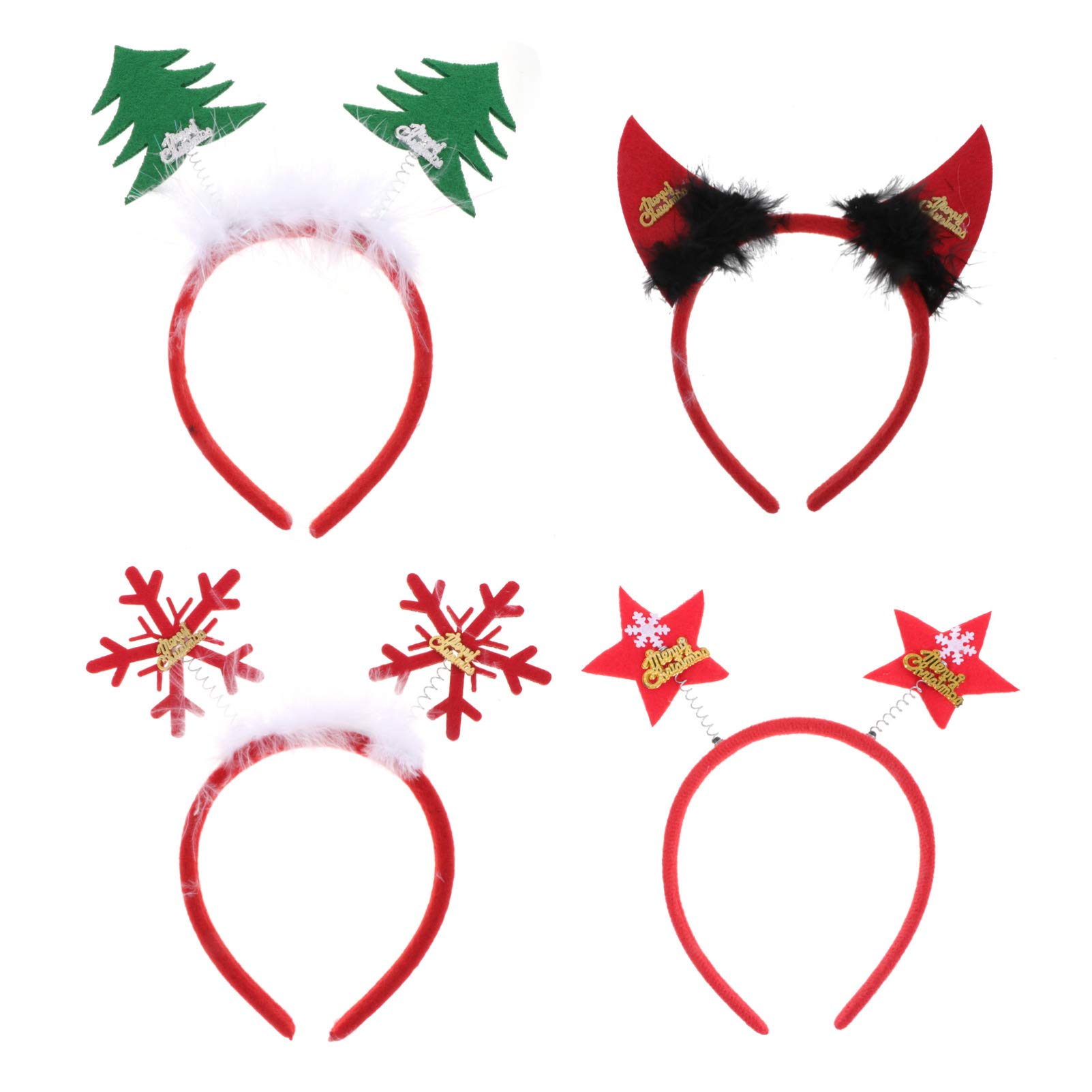 Beaupretty 4pcs Christmas Headband Christmas Tree Demon Horn Snowflake Star Head Bopper Christmas Costume Headdress Headpiece Cosplay Hair Hoop (Red)