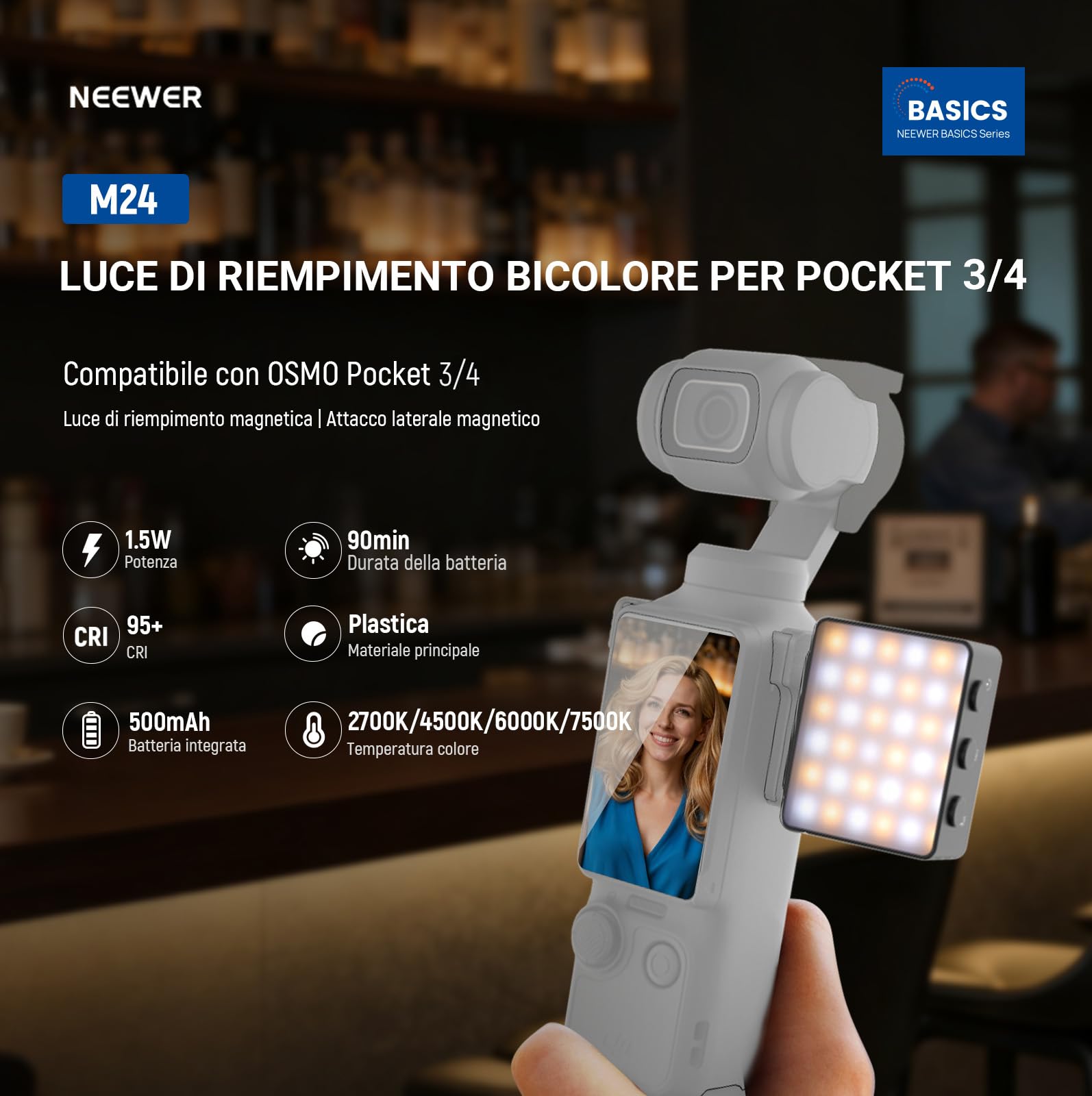 NEEWER BASICS Luce Ausiliaria Magnetica Bicolore per Fotocamera Compatibile con DJI OSMO Pocket 4&3,Mini Faretto Fotografico LED in Plastica Ricaricabile 1,5W per TikTok Vlog Selfie Riprese Video,M24
