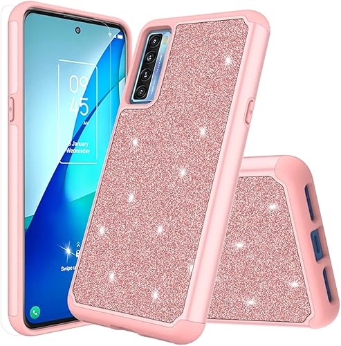 Funda diseñada para TCL 20S con purpurina con vidrio templado, absorción de golpes, antiarañazos, resistente, duradera, protección contra caídas,