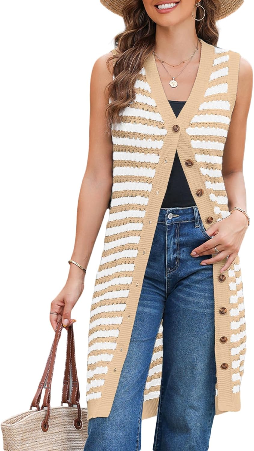 BLENCOT Women's V Neck Striped Fall Sweater Vest Causal Sleeveless Button Cardigan Midi Cover Up Tank Dresses