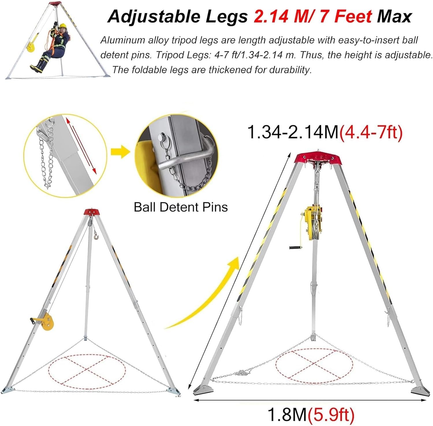Trípode para espacios confinados Trípode portátil para espacios confinados Trípode con cabrestante manual y cinturón de seguridad, equipo de rescate y elevación(1200LBS Winch Rescue Tripod Set)