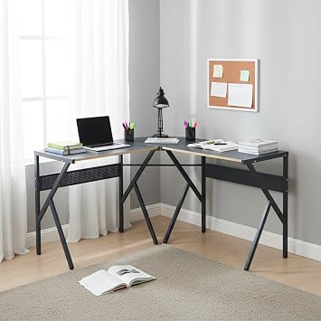 FurnitureR L-Shaped Computer Desk for Home Office, 49.2 Inch Corner Gaming Desk with Metal Frame & X-Shaped Support, Space-Saving Workstation for for Gaming, Study, or Writing, Black