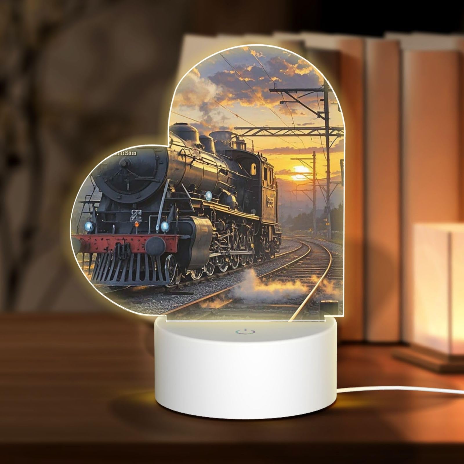 Night Light Personalized Gifts Acrylic Night Light for Grandmother Steam Train Depart Sunset Acrylic Plaque USB Table Lamp 3 Colors Change Smart Touch Acrylic Nightlight for Grandma Christmas