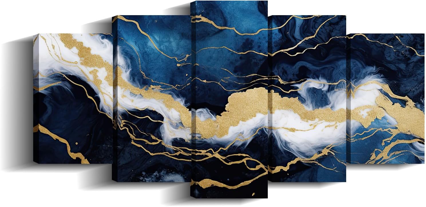 5Pcs Navy Blue and Gold Canvas Print Wall Art Abstract Picture Wall Decor Framed White Texture Painting Modern Artwork for Living Room Bedroom Ready to Hang - 8x14inx2 8x18inx2 8x22inx1