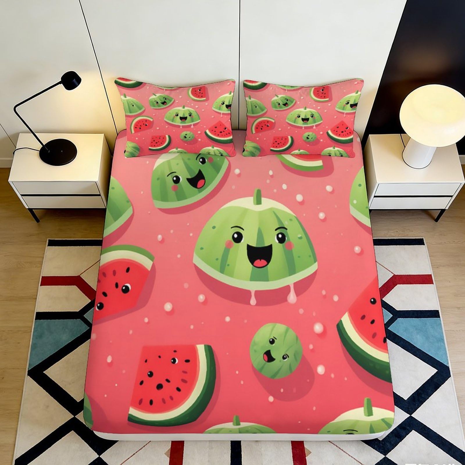 3D Printed Cute Watermelon Cartoon Fitted Sheet Microfiber Pink Fruit Bed Sheet for Bedroom Dorm Mattress Decor 90x200x25cm