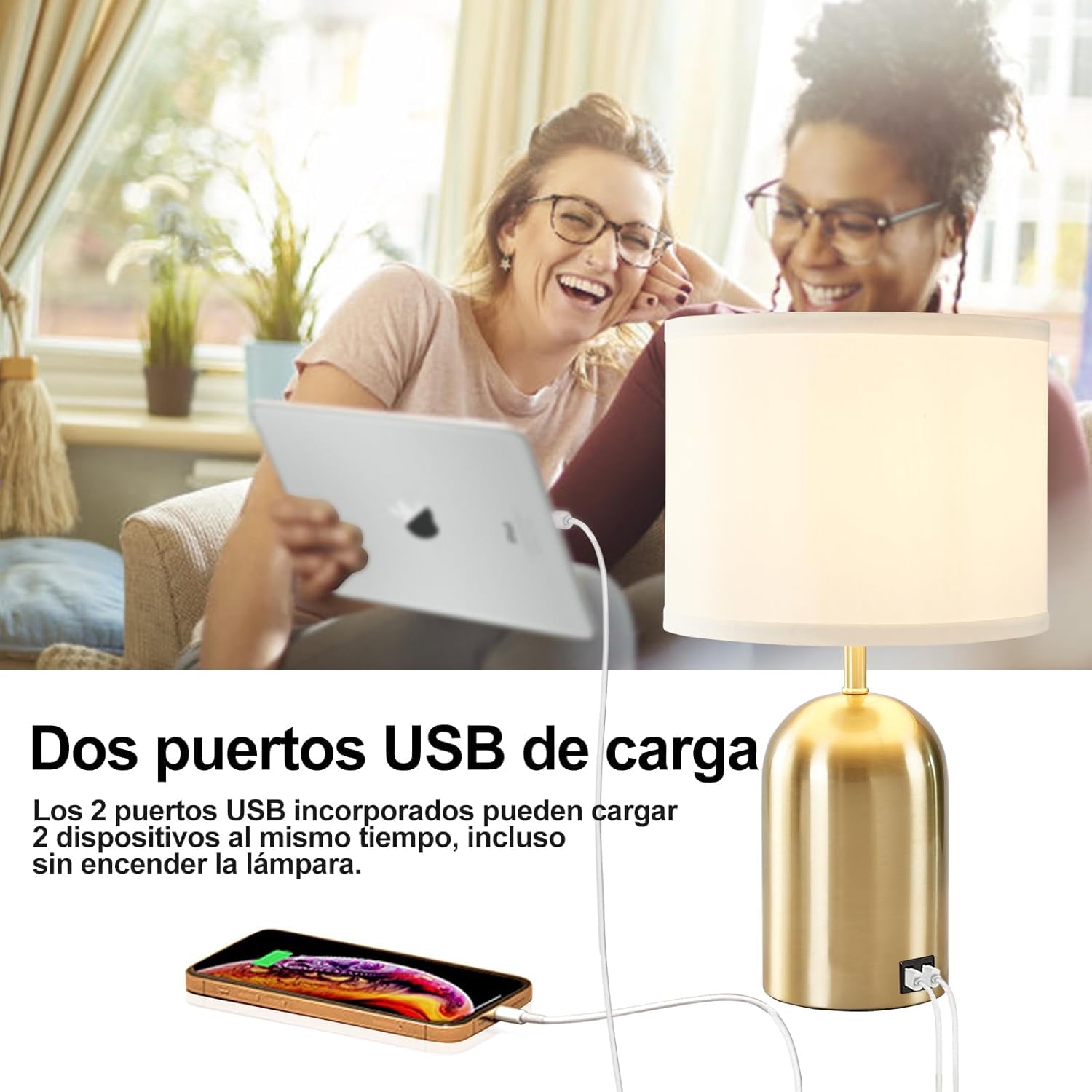 GyroVu Lámpara de Mesa Puerto USB, Lámpara de Control Táctil para Dormitorio, Lámpara de Noche con 3 Niveles de Intensidad Regulable, Pantalla de Tela, Base Dorada para Sala de Estar, Dormitorio,