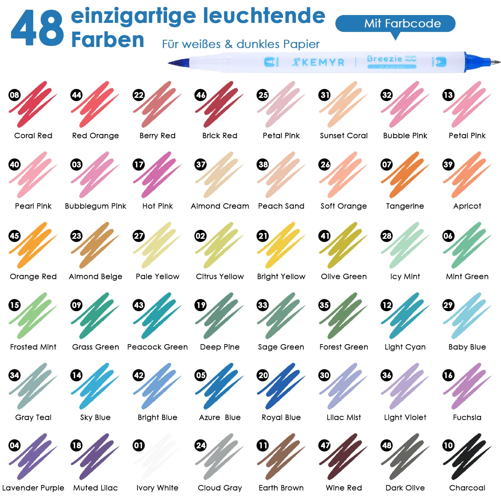 KEMYR Acrylstifte 48 Farben,1-5mm Pinsel Acrylmarker&0,7mm Acryl Gelstifte | Doppelspitze Acrylstifte wasserfest für Stein, Holz, Glas & schwarzes Papier, ideal zum Malen,Journaling&DIY Crafts