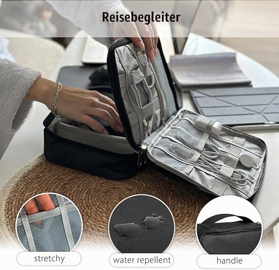 MyGadget Double Layer Universal Cable Organiser Bag [25.9 x 19.5 x 8.5 cm] - Travel Cable Bag - for Electronics Accessories such as Chargers I Cable - Black