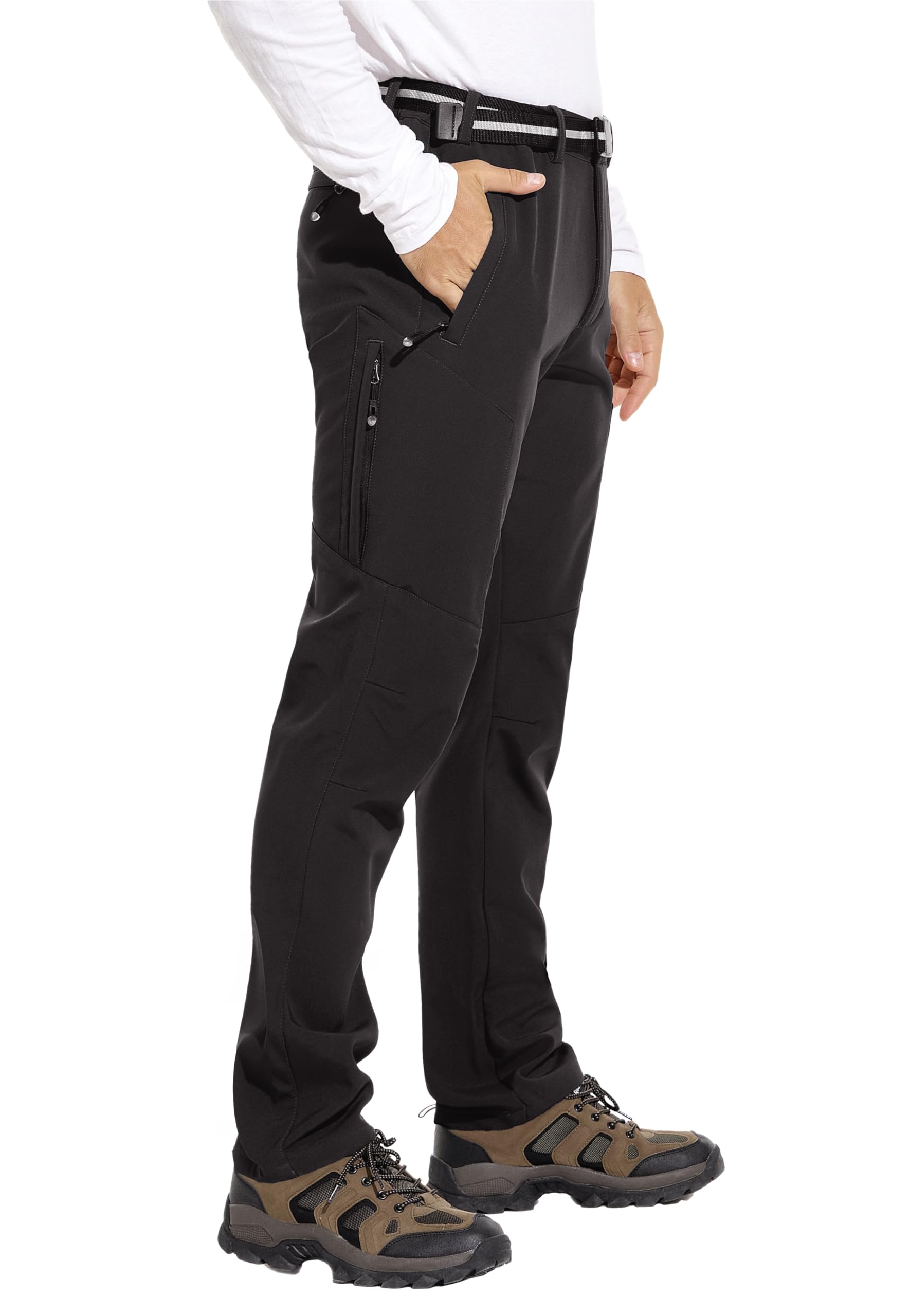 MOURCE Pantalon de randonnée doublé en polaire pour homme résistant à l'eau, pantalon de ski isolé, 6 poches à fermeture éclair et ceinture