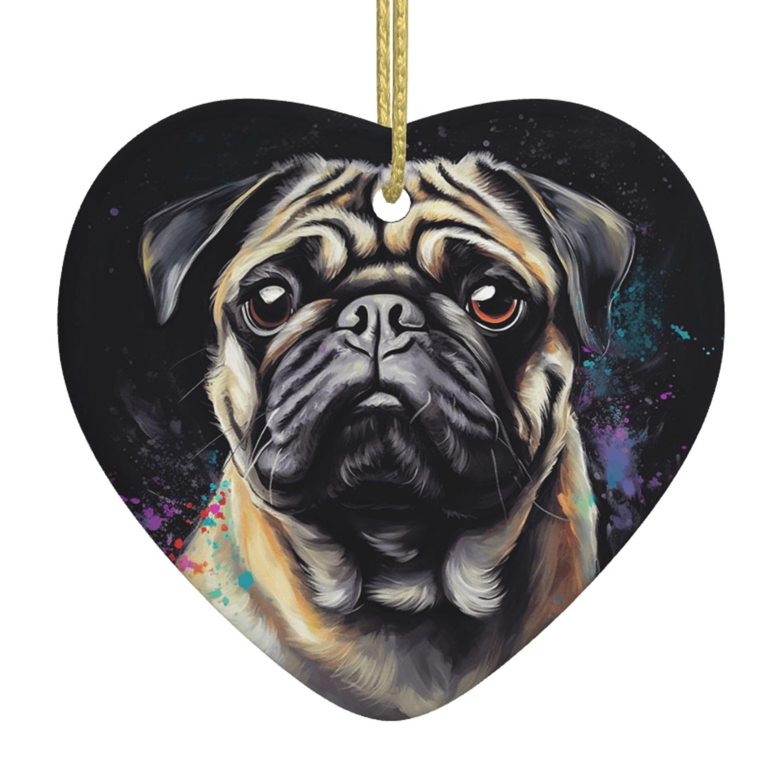 Ceramic Christmas Tree Hanging Ornaments with Gold Ropes Christmas Tree Decorations Heart Ceramic Portrait of Pug Pendant Keepsake Decorations for Holiday Xmas Gift Ideas