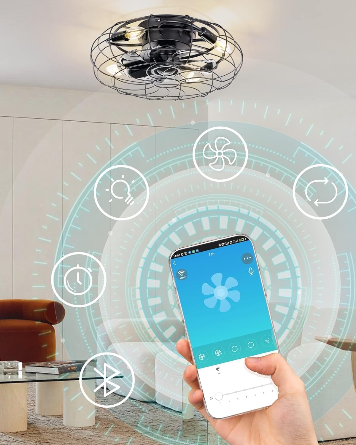 Ceiling Fan with Lights, 18 Inch Caged Ceiling Fan Lights Remote Control Small Industrial Ceiling Fan Light Fixture Flush Mount Farmhouse Light 6 Speeds Bladeless Lights for Bedroom Kitchen