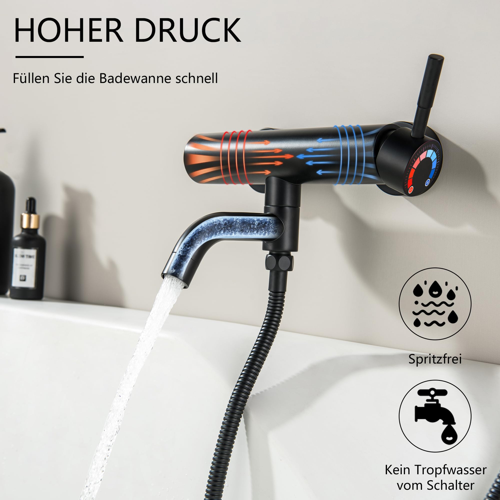 Rubinetti per vasca con doccetta Rubinetto per vasca a parete Rubinetto nero per vasca da bagno Bocca girevole a 90 ° con doccetta a 5 funzioni