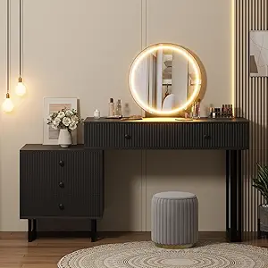 Black Vanity Desk with Mirror and Lights, Makeup Vanity with 5 Drawers for Bedroom, Modern Makeup Vanity Organizer with 3 Color Lights&Adjustable Brightness
