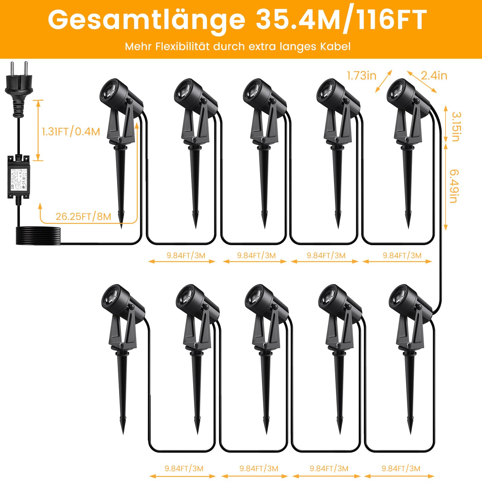 Gartenbeleuchtung mit Strom 35M, 3W*10 Stück Außenbeleuchtung Garten mit Fernbedienung 3000K Warmweiß mit Timer-Funktion, 27V Gartenstrahler LED Außen IP65 Wasserdicht für Weg, Rasen, Hof, Terrasse