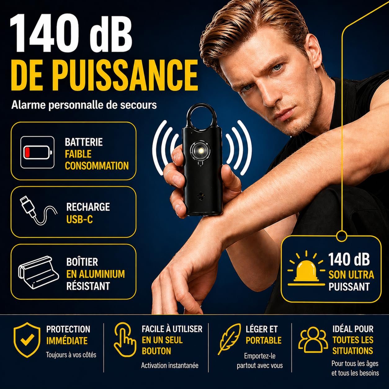 VOLTEK News kit Alarme métal loquet de sécurité (Blanc) Femme Defense + detecteur Porte et fenêtre autodéfense Auto Alarme Mini Autonome + sifflet Urgence personnelle Lampe puissante 135 DB, USB-C