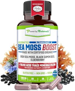 Power By Naturals Sea Moss Advanced with Black Seed Oil & Elderberry Capsules - Certified Organic Irish Sea Moss Capsules for Energy, Gut & Immune Support - Sea Moss Pills with (60+ Minerals) 60 Pills