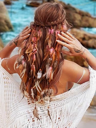 Miniatura 3 de Diadema de plumas estilo bohemio para festival gitano, accesorios para el cabello largo con cuentas hippie para mujer (patrón 2)