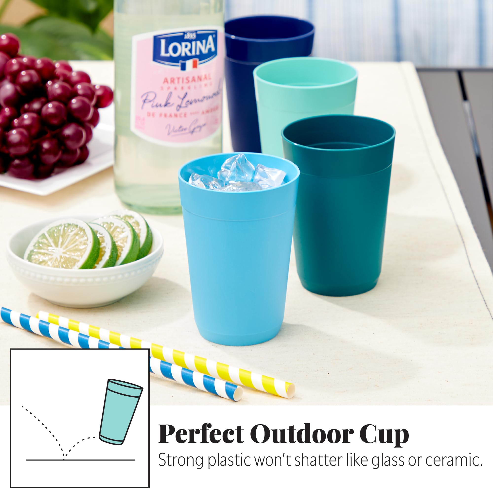 US Acrylic Newport - Vasos apilables de plástico irrompible de 10 onzas en colores costeros, juego de 12 vasos para beber, reutilizables, sin BPA, fabricados en los Estados Unidos, aptos para