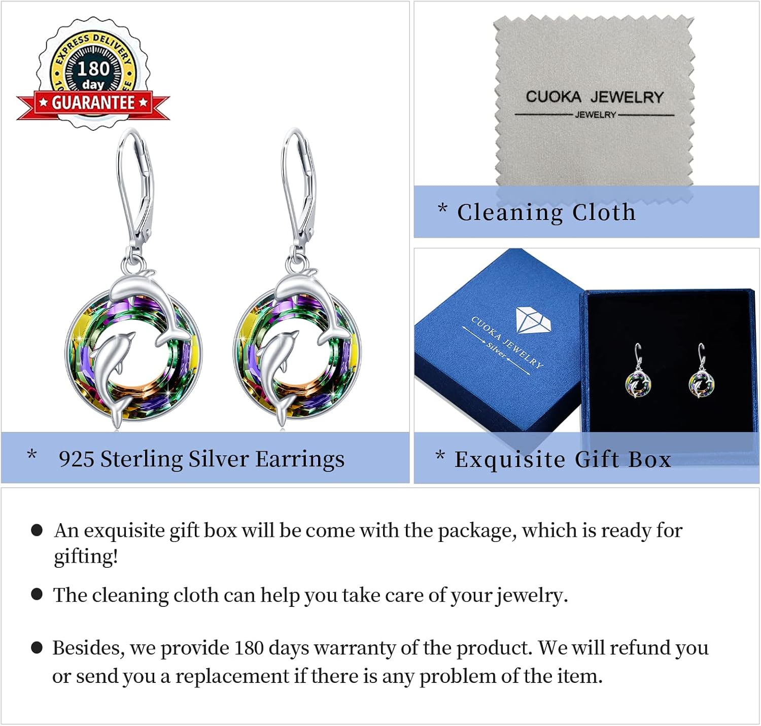 Crystal Dolphin Earrings,S925 Sterling Silver Double Dolphin Dangle Earrings For Ocean Sea Animal Lover for Women - Image 7