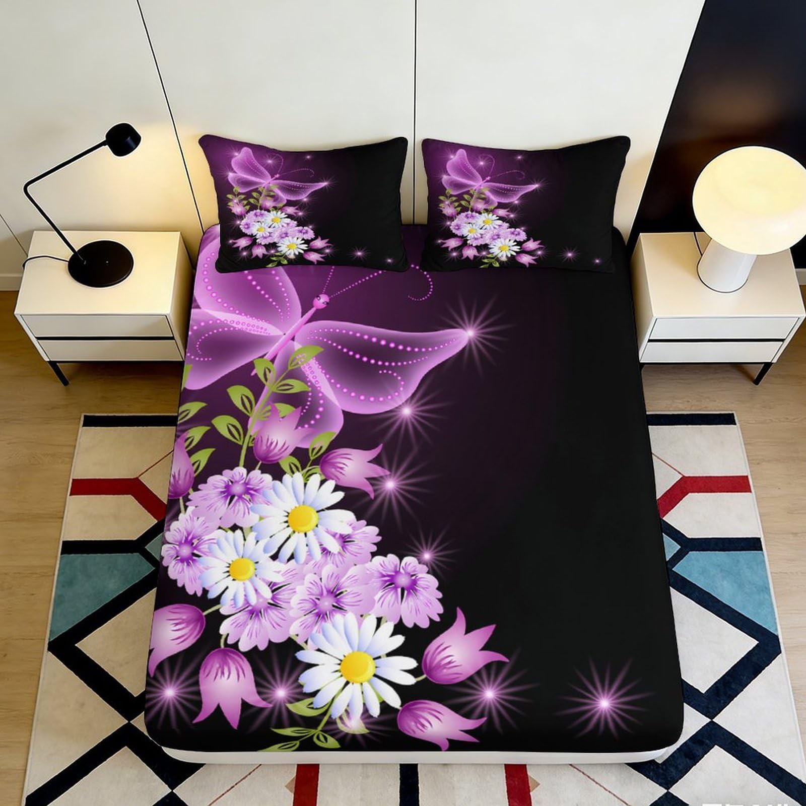 3D Printed Purple Butterfly Fitted Sheet Microfiber Daisy Blossom Bed Cover Anti-Slip Machine Washable Floral Decor for Bedroom Dorm 180x200x25cm